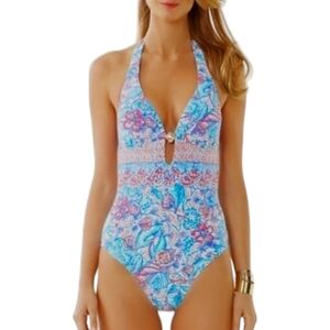 Lilly Pulitzer Seafarer One Piece Swimsuit Halter Tie Seashell